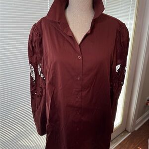*NWT* Chico's Women Sable Brown Poplin Cutwork Sleeve Button Up Shirt
